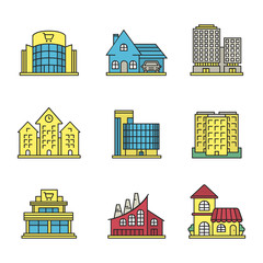 Sticker - City buildings color icons set