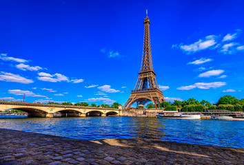 Paris Eiffel Tower and river Seine in Paris, France. Eiffel Tower is one of the most iconic landmarks of Paris.