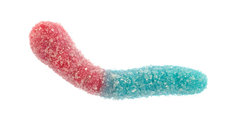 Wall Mural - A sugar coated sour tasting red and blue gummy worm isolated on a white background.