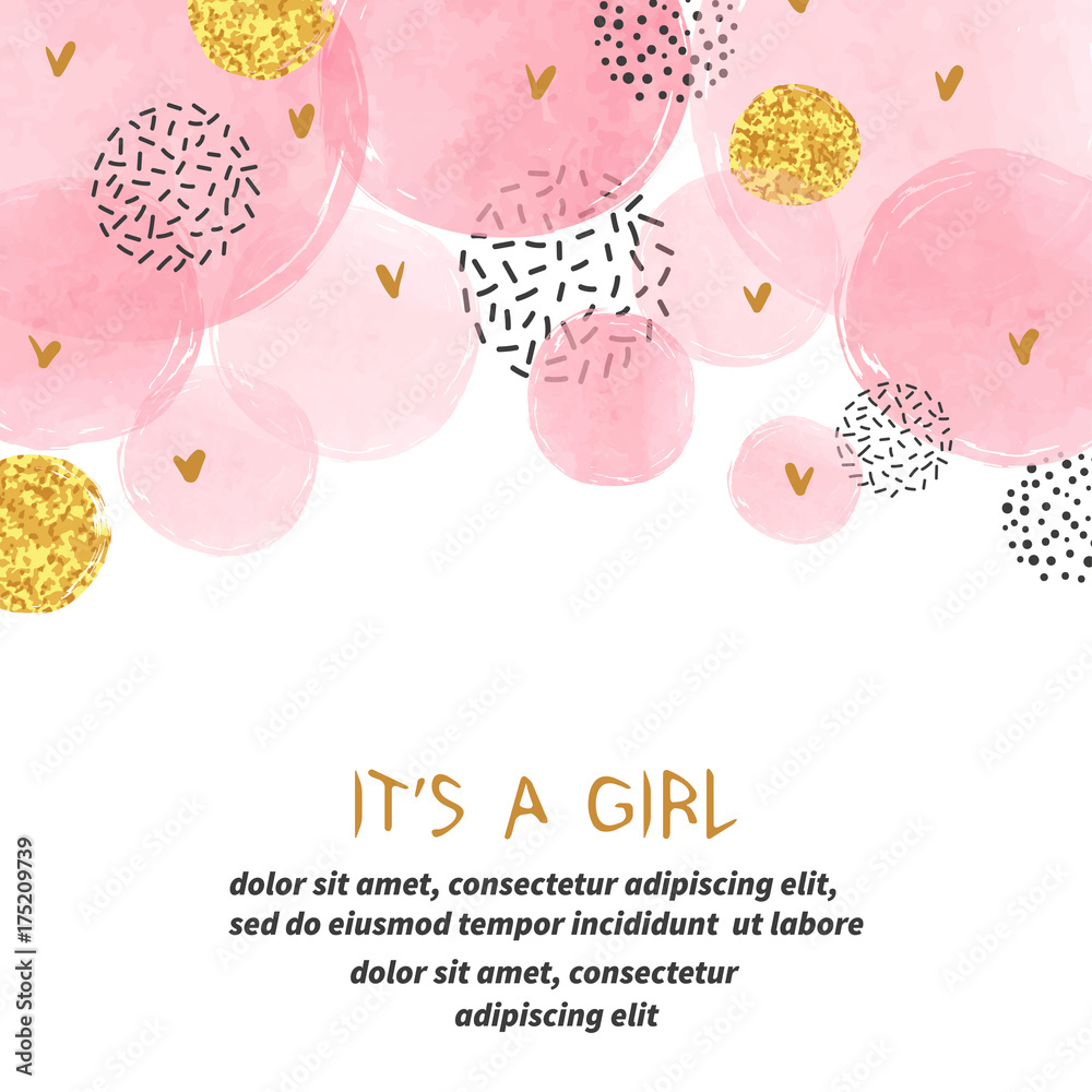 Baby Shower girl card design with abstract watercolor pink and ...