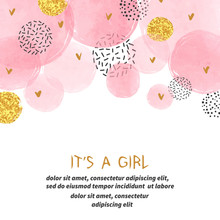 Baby Shower Girl Card Design With Abstract Watercolor Pink And Glittering Golden Circles.
