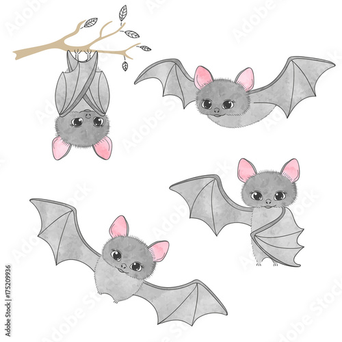 Set of cute bats, flying, hanging on the tree. Vector illustration