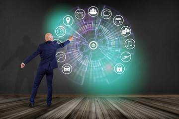 Poster - home button of a technology interface surrounded by application - technology app concept