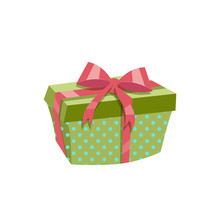 Cartoon Trendy Design Green Polka Dotted Gift Box With Red Ribbon And Bow. Birthday And Christmas Vector Icon.