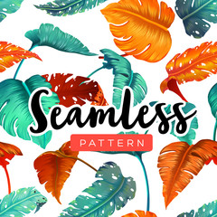 Wall Mural - Bright tropical seamless pattern with jungle plants. Exotic background with palm leaves