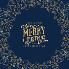 Golden Christmas Greetings At Blue Background