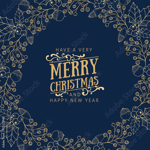 Cuadros en Lienzo Golden christmas greetings at blue background