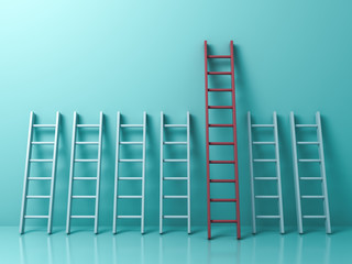 Fototapete - Stand out from the crowd and different creative idea concepts , Longest red ladder among other short white ladders on light green pastel color background . 3D rendering.