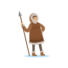 Wall Mural - Smiling Eskimo, Inuit, Chukchi man character in traditional costume standing with spear, northern people, life in the far north vector Illustration