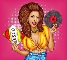 Attractive Smiling Woman In Tied Shirt And Jeans With Vinyl Record In Hands  Singing And Dancing Pop Art Vector Illustration On Dotted Background. Sexy Girl Disco Dancer Or Music Lover Pin Up Concept
