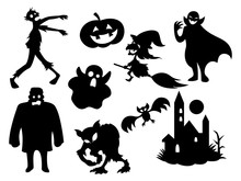The Black Halloween, Mystical Characters Silhouette Pattern Cartoon Vector