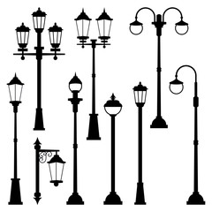 Wall Mural - old street lamps set in monochrome style. vector illustrations isolate