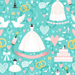 Poster - seamless pattern with different wedding symbols in cartoon style