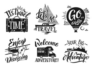 Wall Mural - monochrome travel labels set with hand writing words and letters. adventure vector symbols