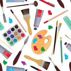 Poster - Equipment for artists. Different stationery. Seamless pattern