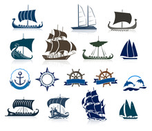 Sailing Ships Silhouettes And Marine Emblems