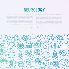  Neurology concept with thin line icons: brain, neuron, neural connections, neurologist, magnifier. Vector illustration for medical survey or report with place for text.