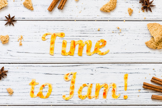 Food typography Time to Jam with cookies on white wooden rustic background. Christmas concept