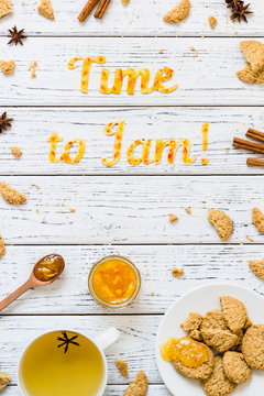 food typography time to jam with cookies on white wooden rustic background. christmas concept