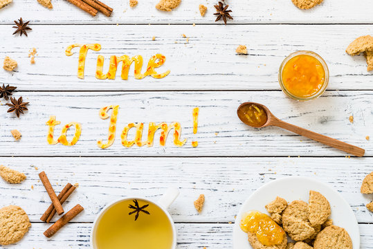 Food typography Time to Jam with cookies on white wooden rustic background. Christmas concept