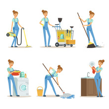 Professional Cleaning Service. Woman Cleaner Make Some Housework