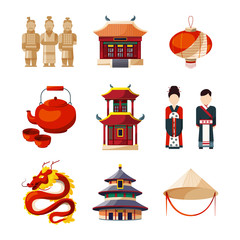 Sticker - Culture icons set. Traditional chinese elements. Vector illustration in cartoon style