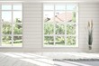© AntonSh - White empty room with summer landscape in window. Scandinavian interior design. 3D illustration
