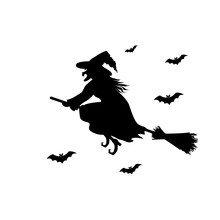 Witch  Black   Silhouette On  Broomstick Isolated On White Background. Vector Illustration.