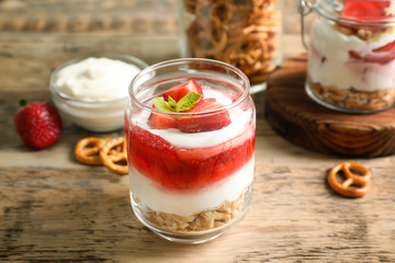 Sticker - Jar with strawberry pretzel salad on table