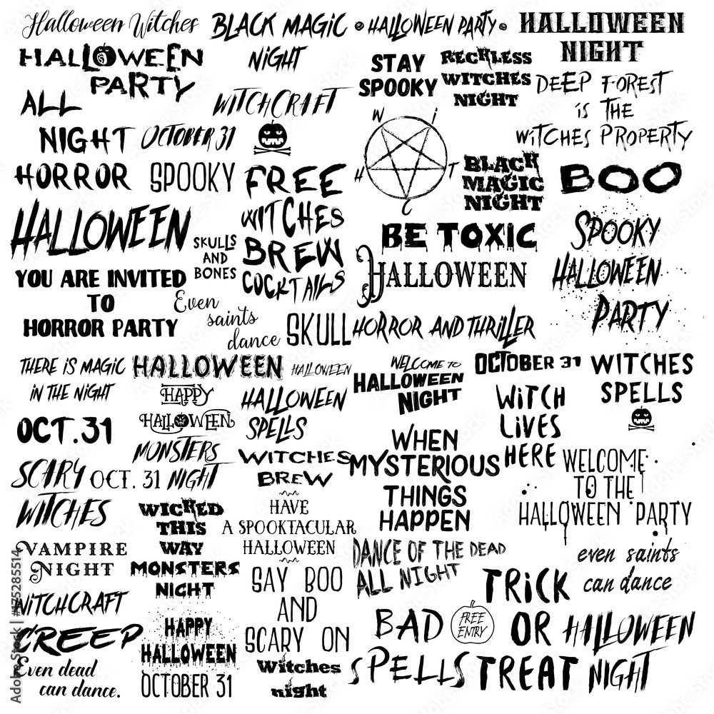 Mega set of over 50 Halloween quotes for posters about Halloween party and  Scary phrases for greeting card printable wall art designs and flyers,  different font calligraphy collection. Vector. Stock Vector |, image size:1000x1000