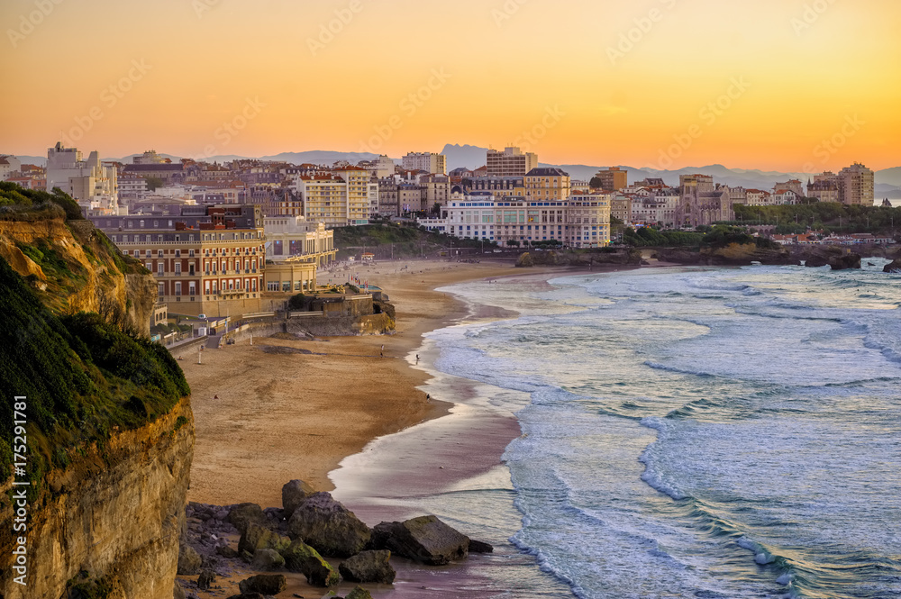 Sunset over Biarritz beaches, France, Atlantic coast - obrazy, fototapety, plakaty 
