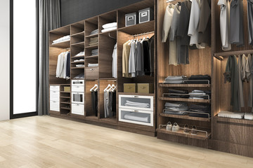 3d rendering minimal scandinavian walk in closet with wood wardrobe