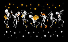 Vector Dancing And Musical Skeletons Haloween Set Collection. Great For Spooky Fun Party Themed Designs, Gifts, Packaging.