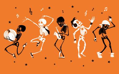 Vector orange dancing and musical skeletons Haloween set collection. Great for spooky fun party themed designs, gifts, packaging.