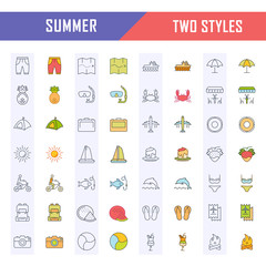 Canvas Print - Set Vector Flat Line Icons Summer