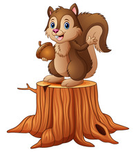 Cartoon Squirrel Standing On Tree Stump Holding An Acorn