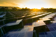 Solar panels (solar cell) in solar farm with green tree and sun lighting reflect .Photovoltaic plant field.