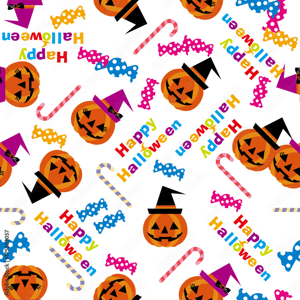 背景素材カボチャとキャンディ ハロウィン用イラスト シームレスパターン Seamless Halloween Pattern Wall Mural Globeds