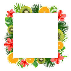 Poster - Frame of tropical leaves, sliced fruits and flowers on white background