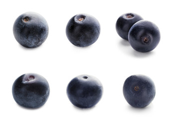 Collage of acai berries on white background