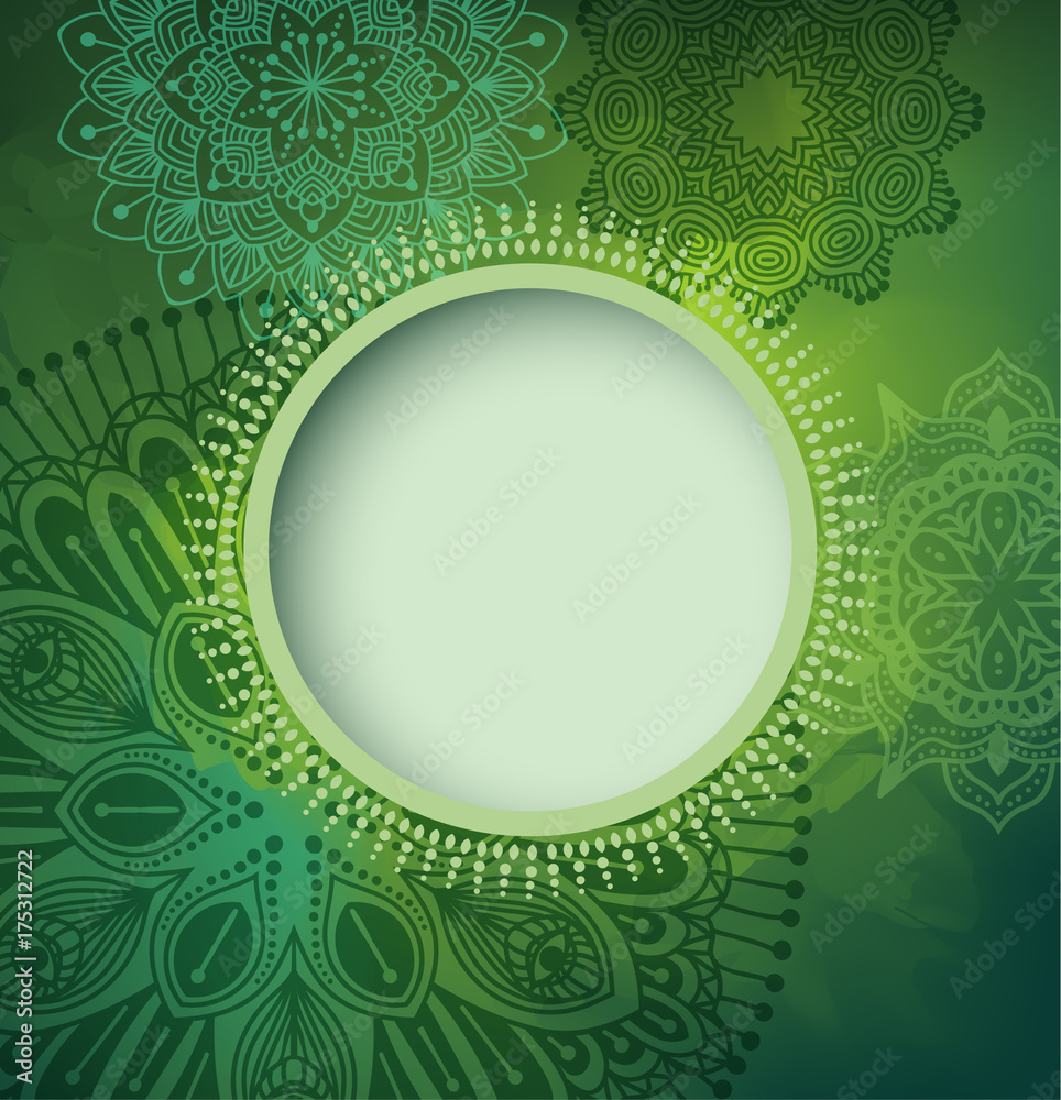 Card or invitation design template. Oriental green background with mandalas  and a frame for text. Eps10 vector Stock Vector | Adobe Stock, image size:964x1000
