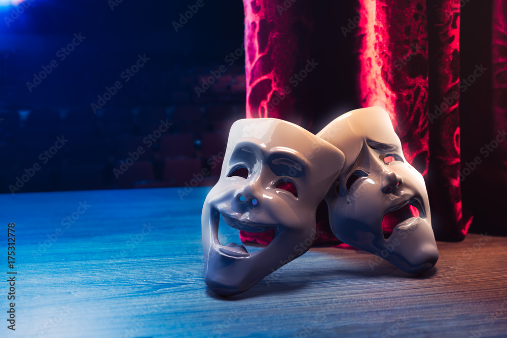Theater masks, drama and comedy with a red curtain / 3D Rendering, Mixed media. - obrazy, fototapety, plakaty 