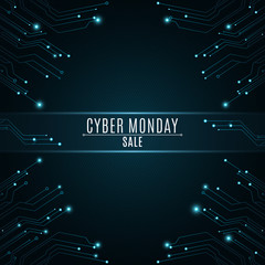 Poster - High-tech background from a computer circuit board for a cyber sale Monday. Luminous blue banner. Great sale. Glowing neon blue connectors. Vector