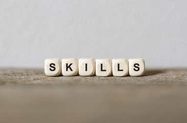 Aufkleber - Word SKILLS made with wood building blocks