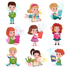 Wall Mural - Cute little boys and girls reading fairytale books set, kids imagination concept colorful cartoon vector Illustrations