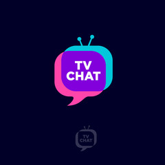 Poster - TV chat logo. Chat emblem. Bubble and funny TV with letters on a dark background.