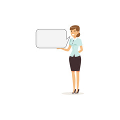 Beautiful smiling businesswoman character with empty message board, speech bubble vector Illustration
