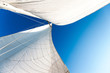 Leinwandbild Motiv White yacht sails in sunlight on blue cloudy sky background.