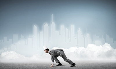 king businessman in elegant suit running and blue cityscape silh