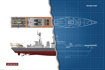 Wall Mural - Blueprint of military ship. Top and side view. Container transport. Industrial drawing. Warship in outline style